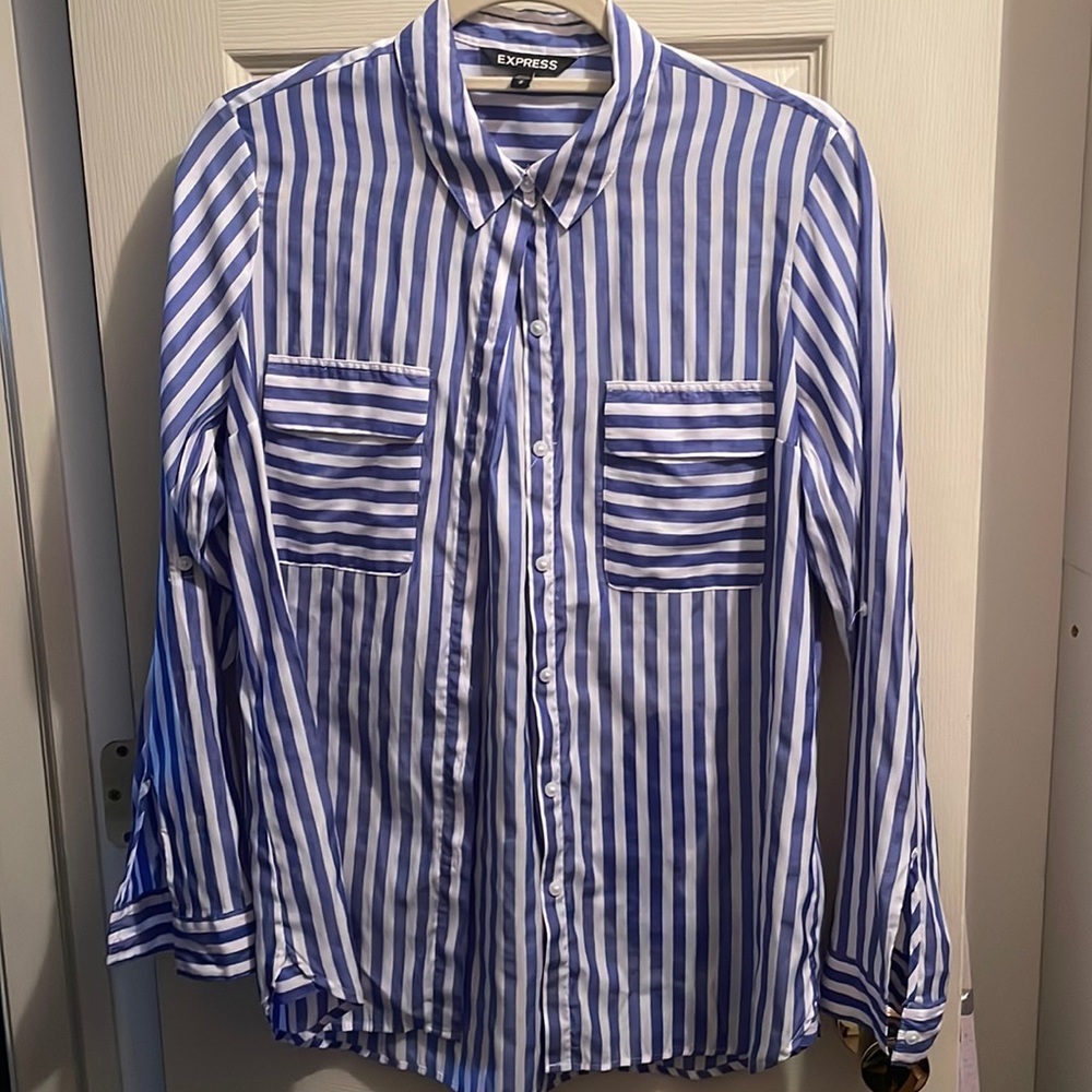 Express blue and white vertical striped top